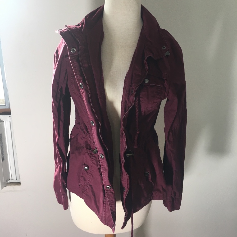 Red hooded cargo jacket